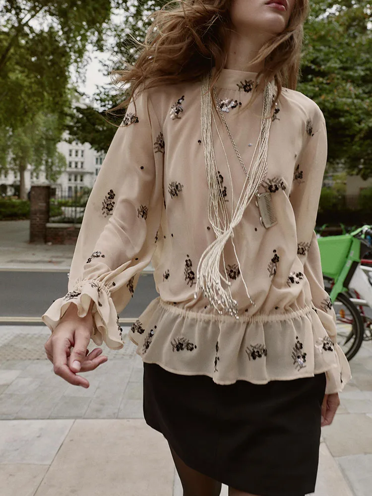 Inverno 2025 Novo feminino Faionable Long Sve Stand Collar Frisado Semi-Transparente irt Traje de Palco Étnico Premium Ladie...