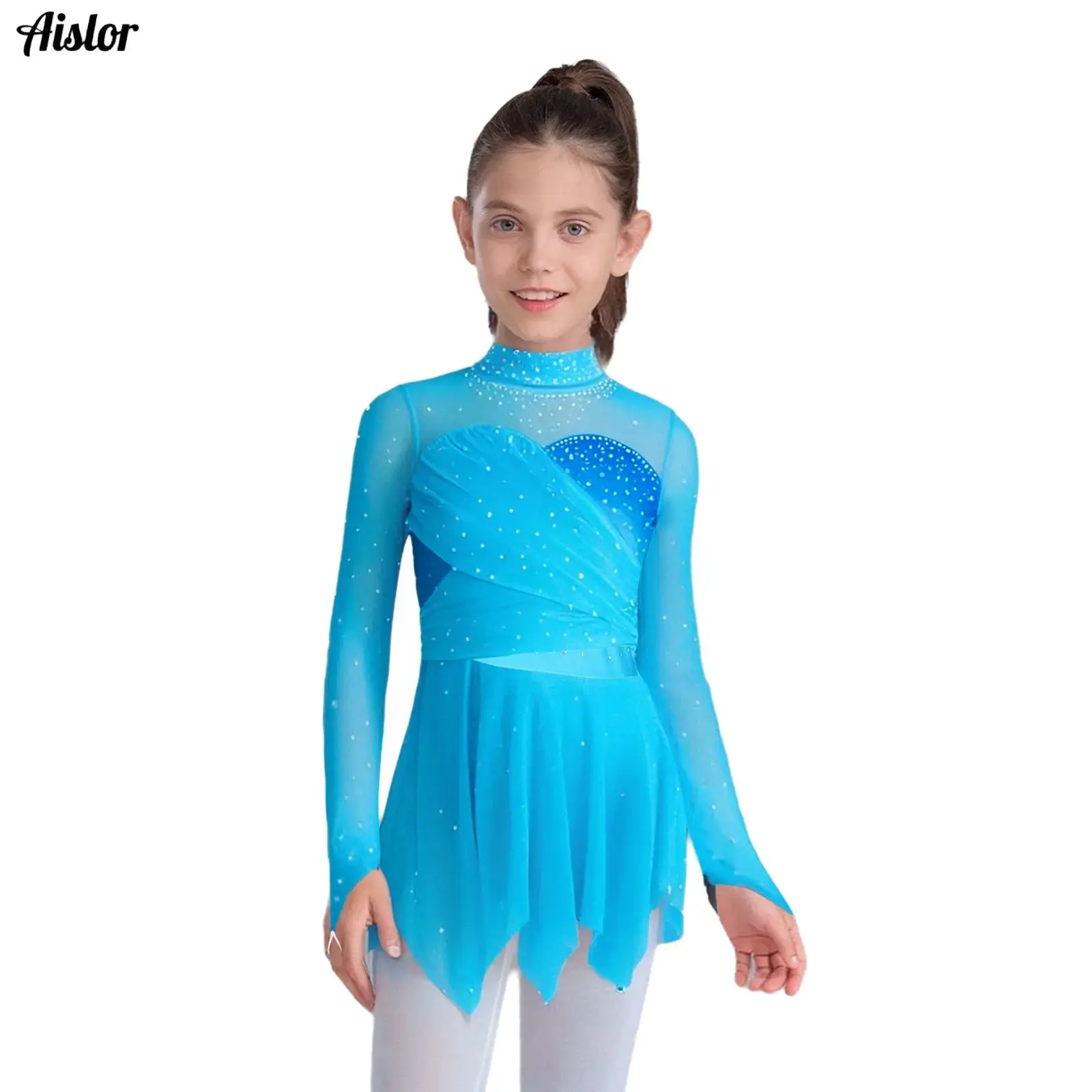 

Kids Girls Ballet Lyrical Dance Dress Mock Neck Long Sleeves Rhinestones Irregular Hem Ruched Mesh Dress Figure Skating Dress