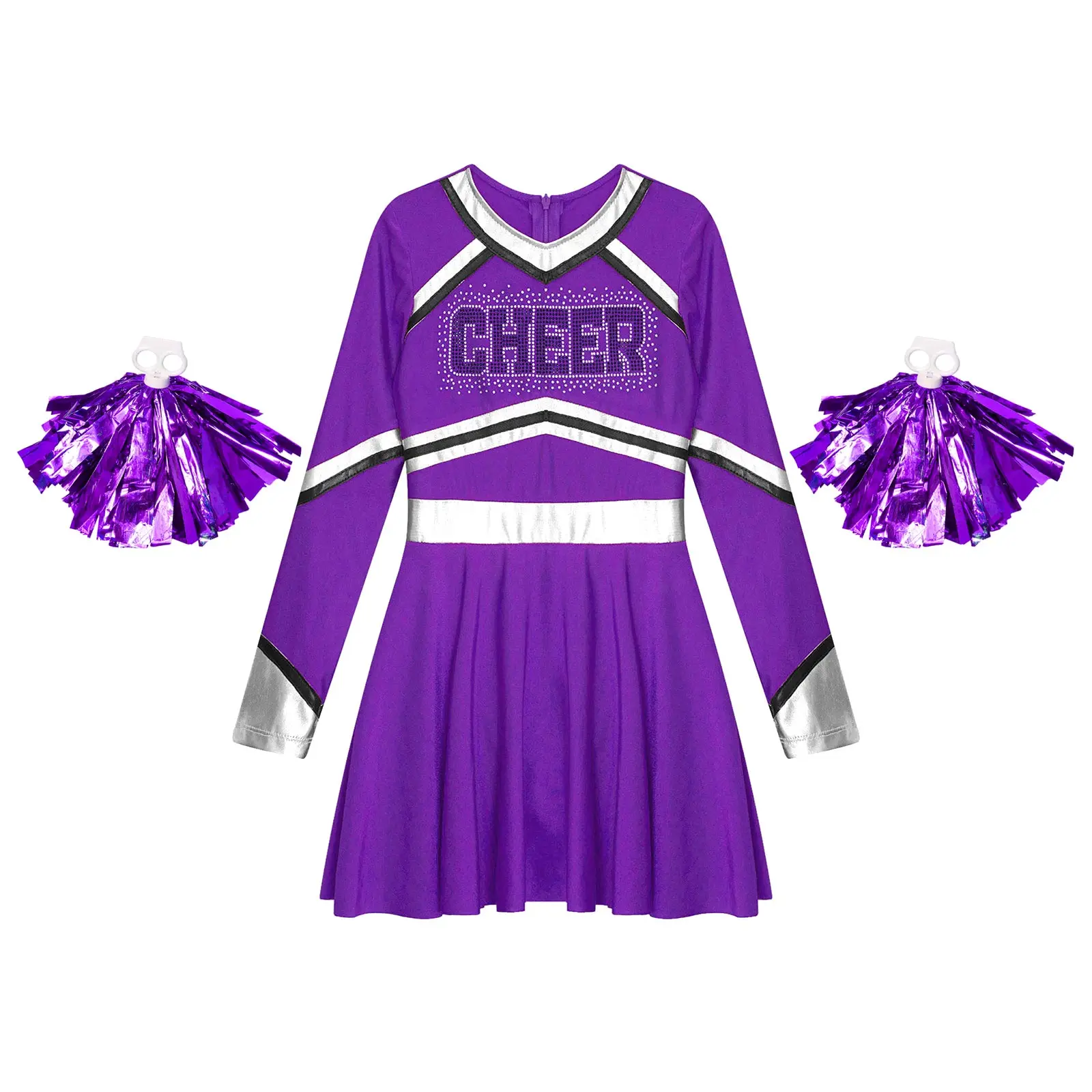 Kids Girls Cheerleading Uniforms Long Sleeve Cheerlead Dance Outfit Glittery Patchwork Cheer Dance Suits Dress with Hand Flowers