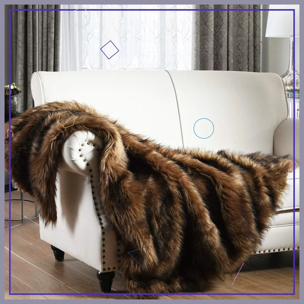 Luxury Faux Fur Throw Blanket, Long Pile Brown with Black Tipped, Super Warm Fuzzy Fluffy for Sofa Bed 50x60