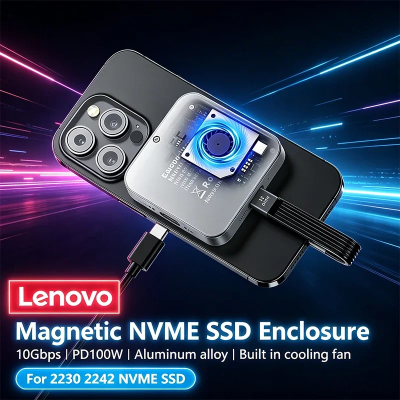 

Lenovo Magnetic M2 2230 2242 NVMe SSD Enclosure with Cooling Fan 100W PD Charging Type C NVMe PCIE Ssd Case for Iphone Mac