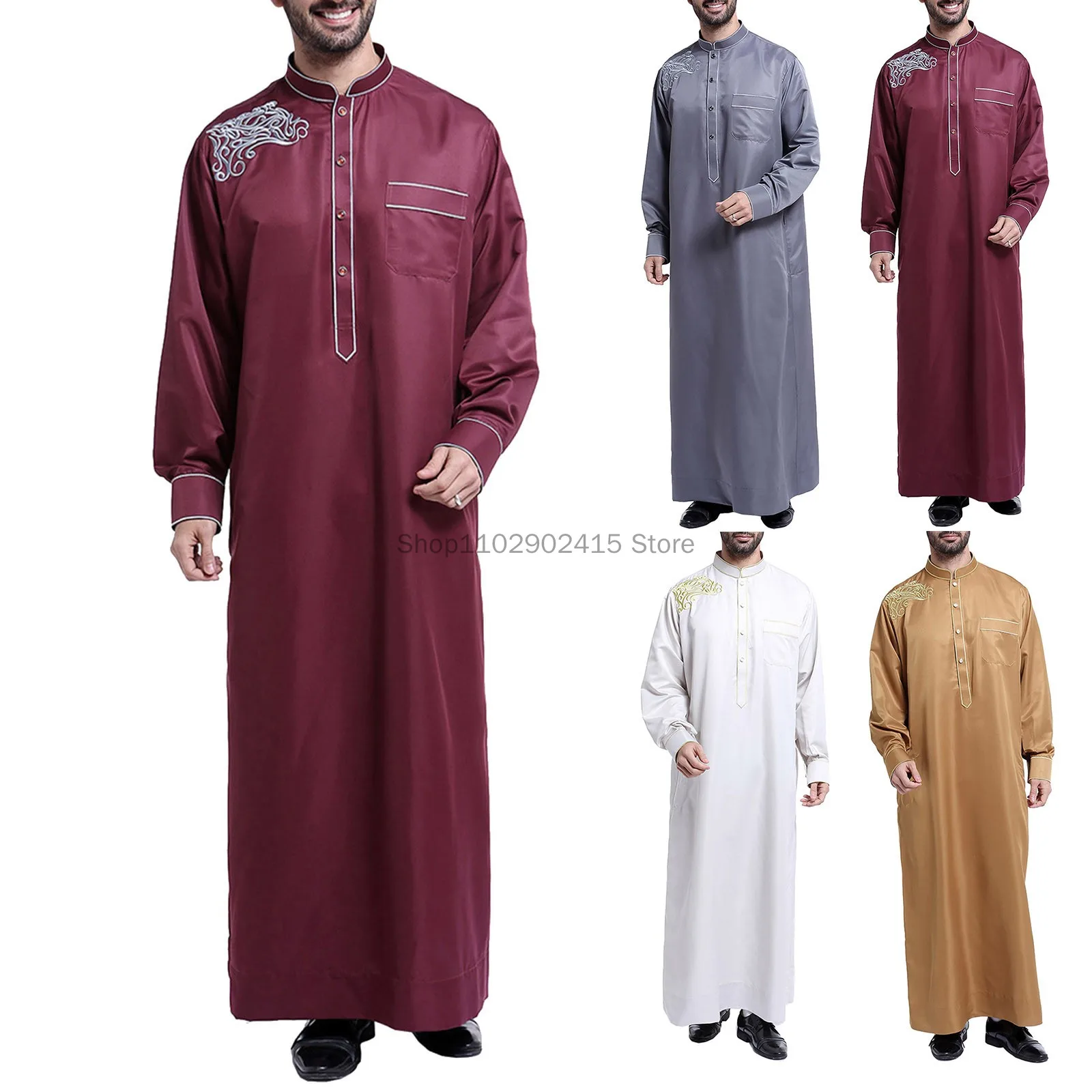 2023 Traditional Muslim Clothing Contrast Color Muslim Dress Middle East Jubba Thobe Men Robe Fashion Long Sleeves Mandarin Neck