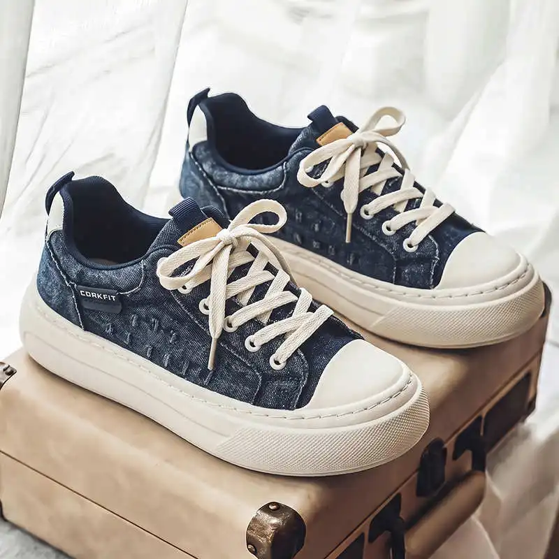Men Canvas Vulcanized Sneakers Breathable Non-Slip Lightweight Comfortable Lace-Up Casual Walking Shoes for Outdoor Daily