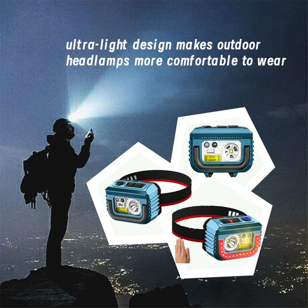 ABXD Lampada frontale a LED con sensore di movimento Lampada frontale ricaricabile USB a 3 sorgenti luminose Lanterna da pesca Mini testa Torcia di emergenza