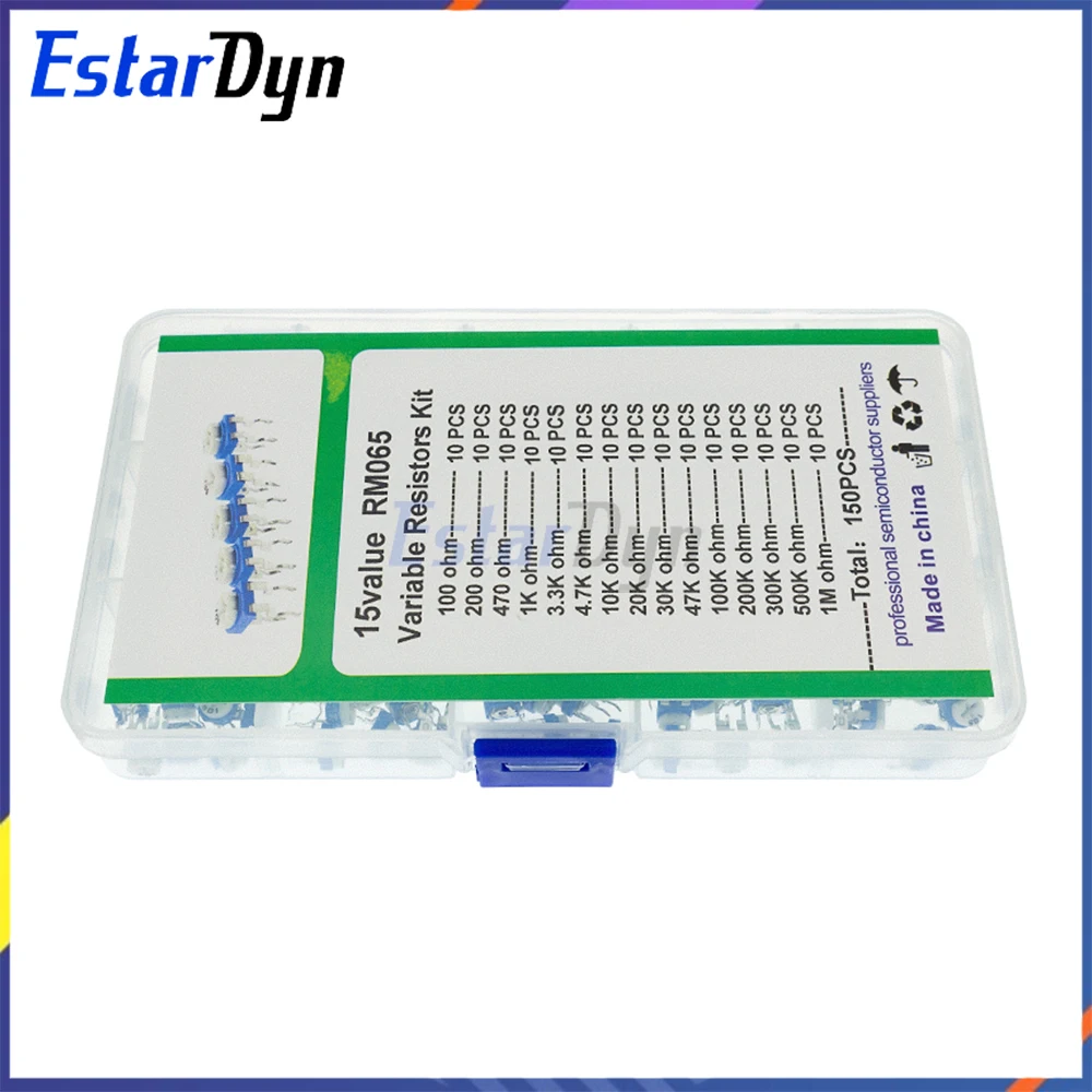 RM065 Комплект потенциометра обрезки 150 шт. 15 значений Ассортимент переменных резисторов с коробкой для ремонта электроники своими руками