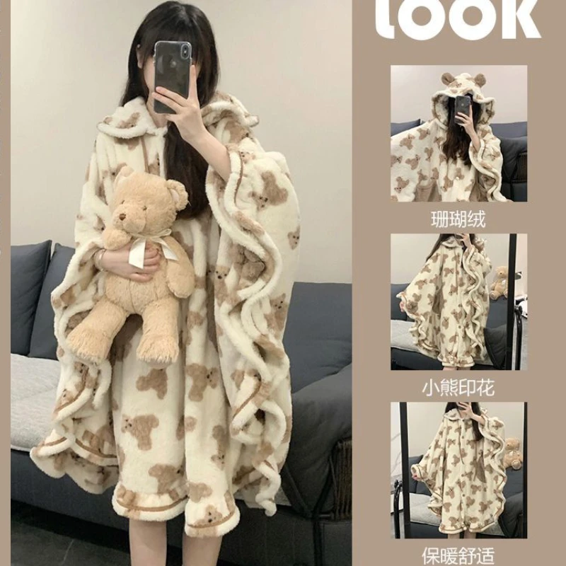 Girl Cute Bear Cape Coral Velvet Pajamas Women Winter Warm Thickened Soft Bathrobe Medium-length Robe Sleepwear Kawaii Homewear