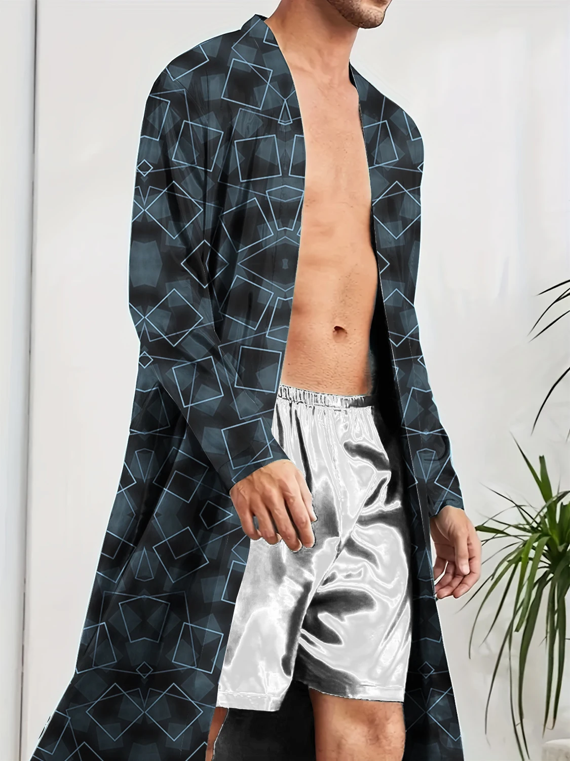 

Men's trendy long robe, Spring and Autumn quick drying digital printed casual comfortable long Shower robe pajamas.