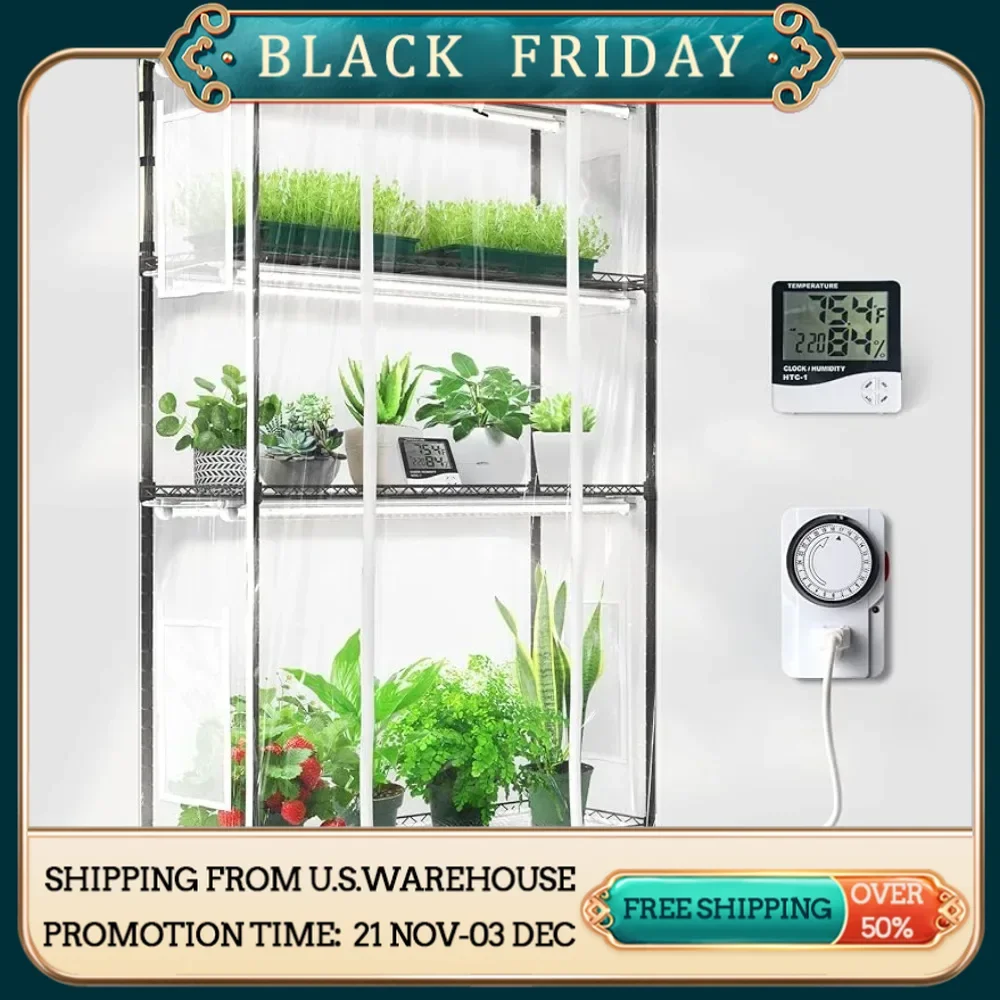 Greenhouse with Grow Light for Indoor Plant 4-Tier Portable Metal Plant Stand 6Pcs Plant Light with Timer and Thermo-Hygrometer.