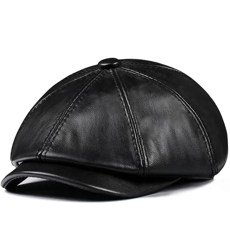 Spring New Genuine Leather Hat Cap Cowhide Beret Warm  Cotton Men Padding Brand Brown/Black Duck Hat