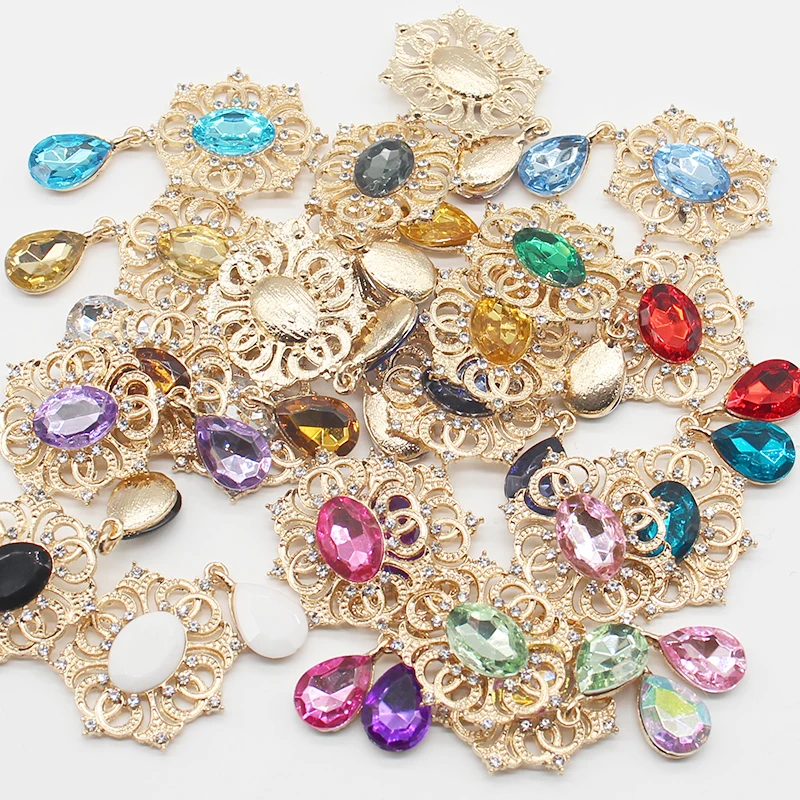 TYNUOMI 10Pcs 28*50MM New Alloy Rhinestone Gold-Plated Brooch Pendant For DIY Ribbon Exquisite Wedding Decoration Accessories