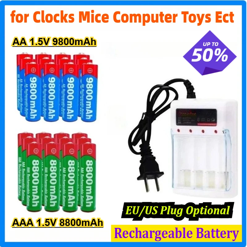 USB 1.5V AA/AAA 8800mAh/9800mAh Rechargeable Battery AA/AAA Alkalinity Battery W/Charger for Clocks Mice Computer Toys Ect