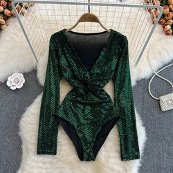 Mulheres sexy glitter lantejoulas magro bodysuit chique manga longa moda elástica bodycon macacões primavera outono elegante macacão gótico