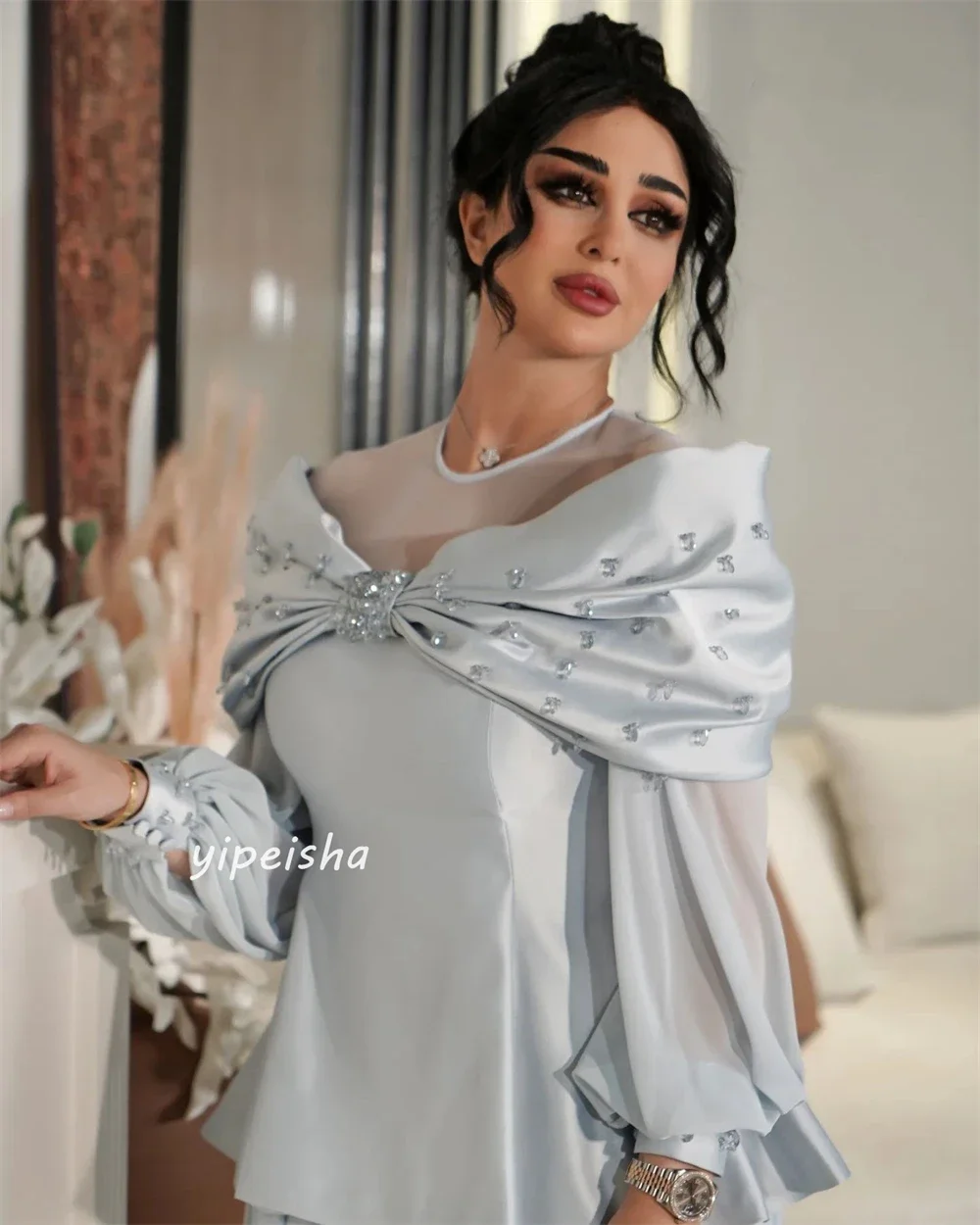 Customized High Quality Evening Satin Beading Draped Bow Pleat Engagement A-line O-Neck Occasion Party Gown Long Dress for Women