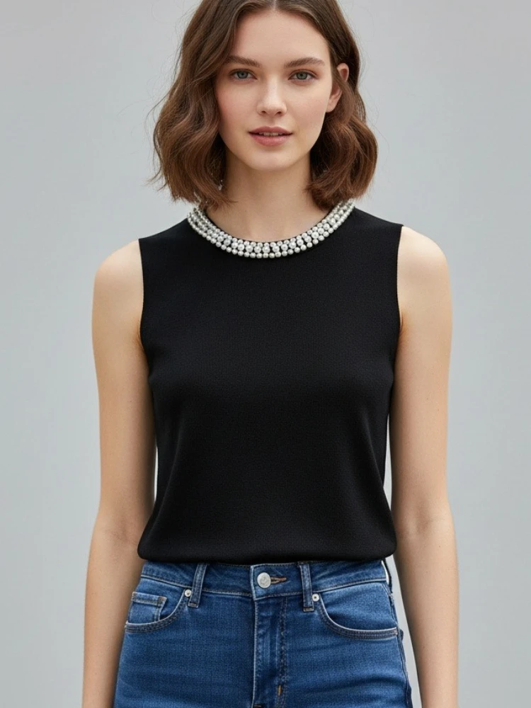 Damen Top Sommer 2026 Korea Gestrickte Westen Einfarbige Tanktops Blusas Mujer De Moda Modische Ärmellose Perlenverzierte Lässige Dünne Oberteile