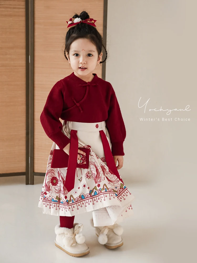 Girls' Chinese Style Button Lapel Cute Sweater Winter New Children's Casual Stylish Knitted Top