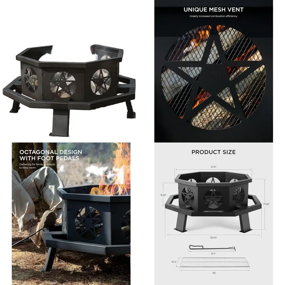 

Octagonal Outdoor Wood-Burning Fire Pit with Cooking Grill and Poker for Backyard, Patio, and Camping