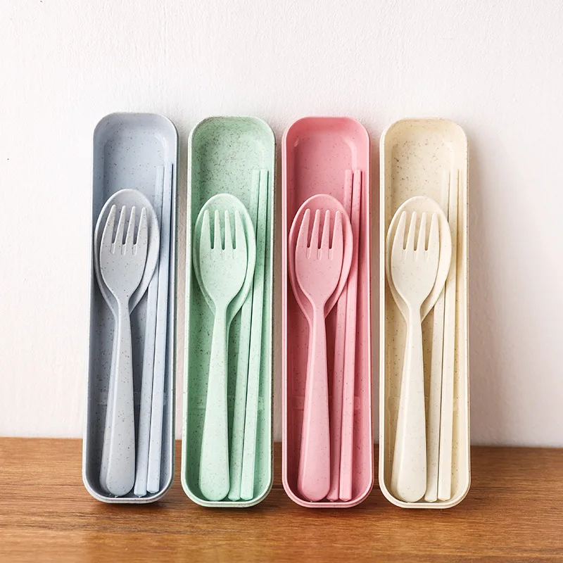 3Pcs/Set Portable Tableware Set Plastic Cutlery Sets Fork Spoon Chopsticks Suit Eco-friendly Reusable Travel Flatware With Box