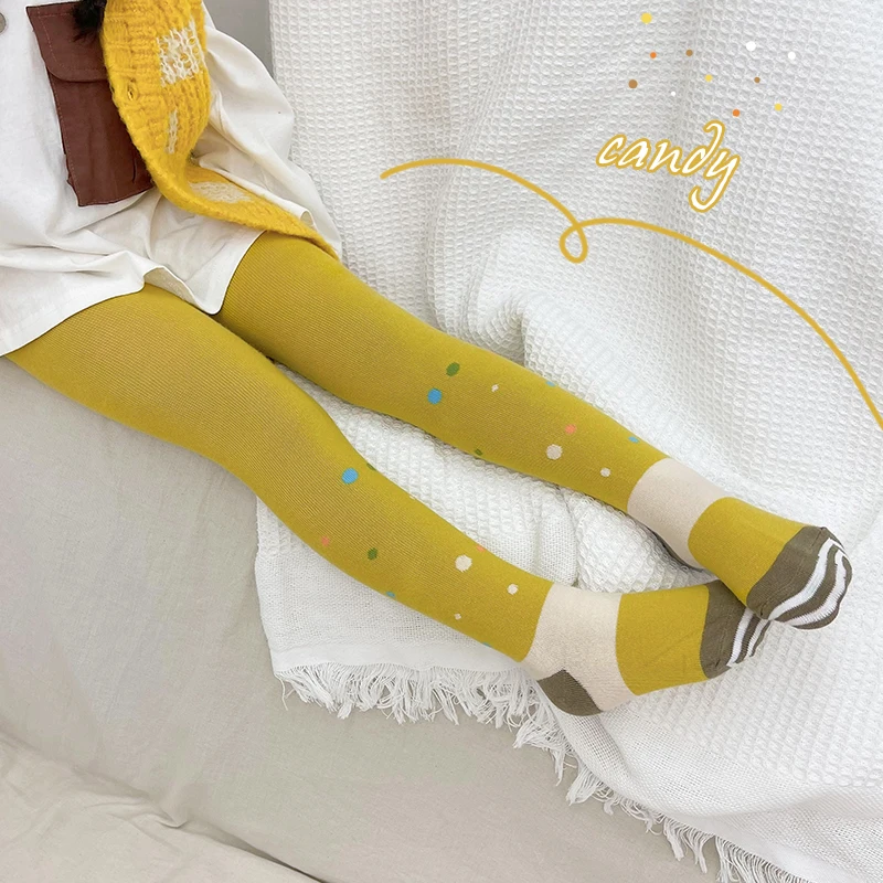 Sweet Cute Children Ins Style Candy Color Dot Color Block Stripe Pantyhose Wear Resistant Elastic Knit Lolita Princess Leggings