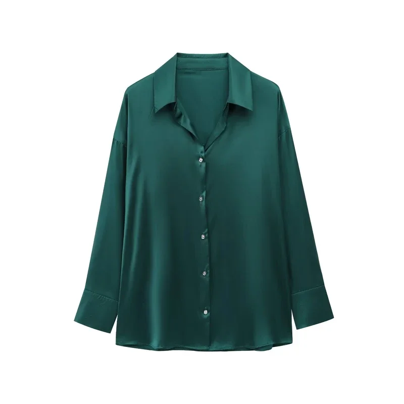 2025 Spring New Women's V-Shaped Long Sleeve Button Decorated Satin Shirt Tops Casual Commuter Versatile