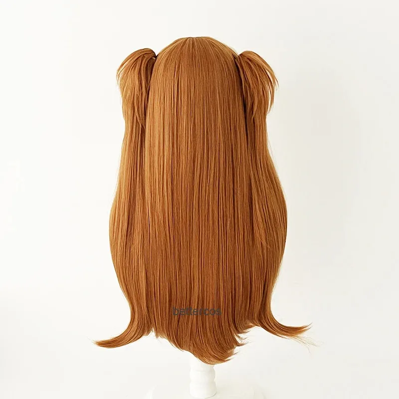 Pelucas de Cosplay EVA Asuka Langley Soryu de alta calidad, largas naranjas con 2 Clips de cola de caballo, peluca de pelo sintético resistente al calor, gorro de peluca