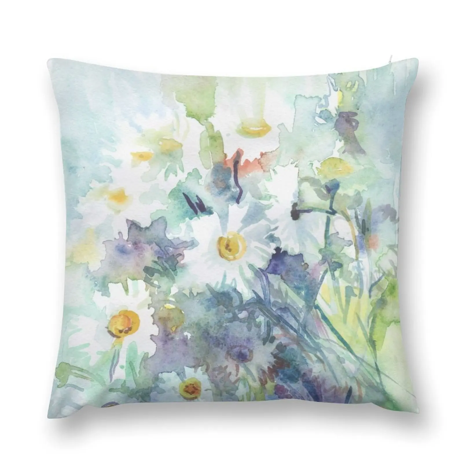 

Watercolour daisies watercolor drawing - white daisies on a blue and green background, beautiful bouquet, painting Throw Pillow