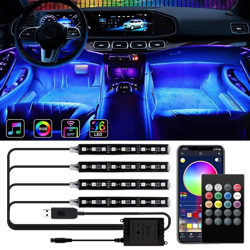 4PCS LED Light Bar Car Interior Decorative Atmosphere RGB Strip Lights USB APP With Remote Control Music Rhythm Flashing Lamps