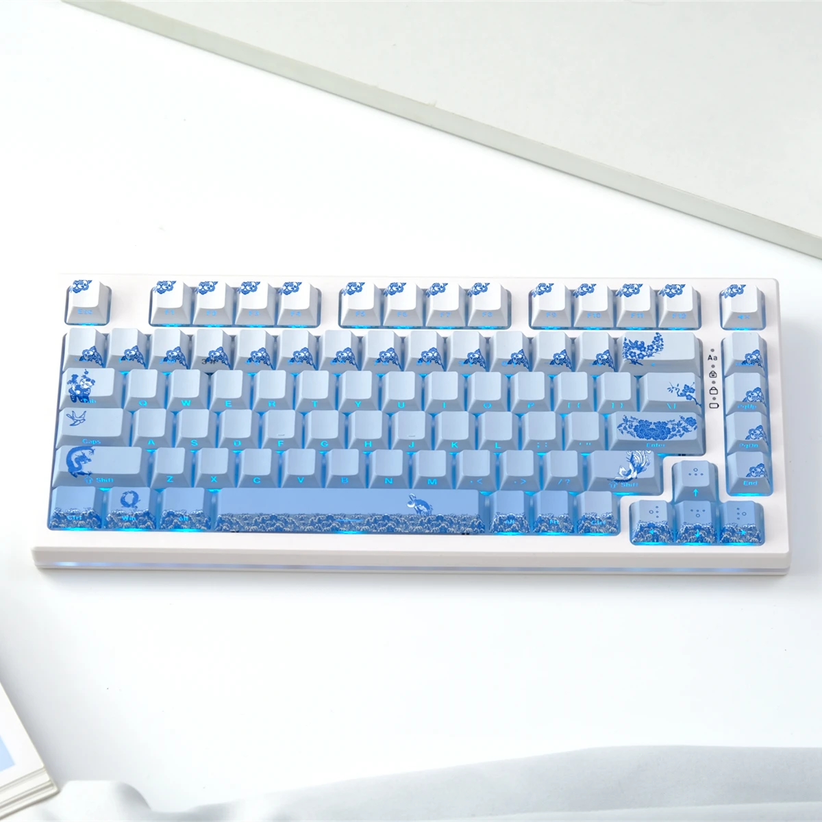 Blue and white porcelain side engraved transparent keycap PBT original height, thermal sublimation, mechanical keyboard cap