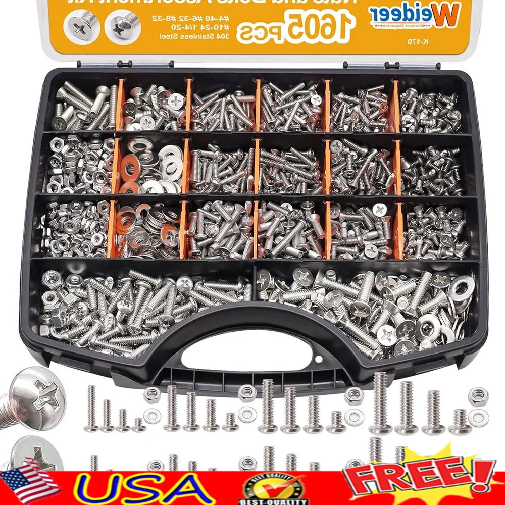 

1605PCS Stainless Steel Nuts Bolts Kit Assortment Phillips Pan Flat Head Screws DIY Tools Home Repair