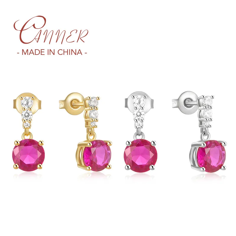 

CANNER s925 Sterling Silver Round Rose Pink Zircon Pendant Piercing Stud Earrings for Women Fine Jewelry Gift Brincos Pendientes