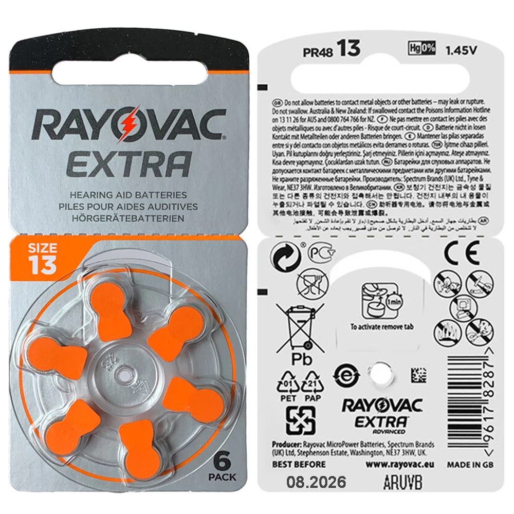 Hearing Aid A13 Battery 60PCS RAYOVAC EXTRA Zinc Air Batteries 1.45V.13A A13 13 P13 PR48 Battery For BTE CIC RIC OE Hearing Aids