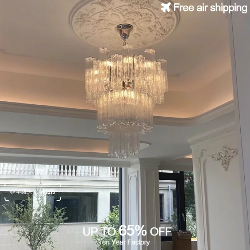 

Dimmable French Style LED Chandelier Pink White Glass Tube Design Suspension Hanging Lamps for Dining Room Home Decoration
