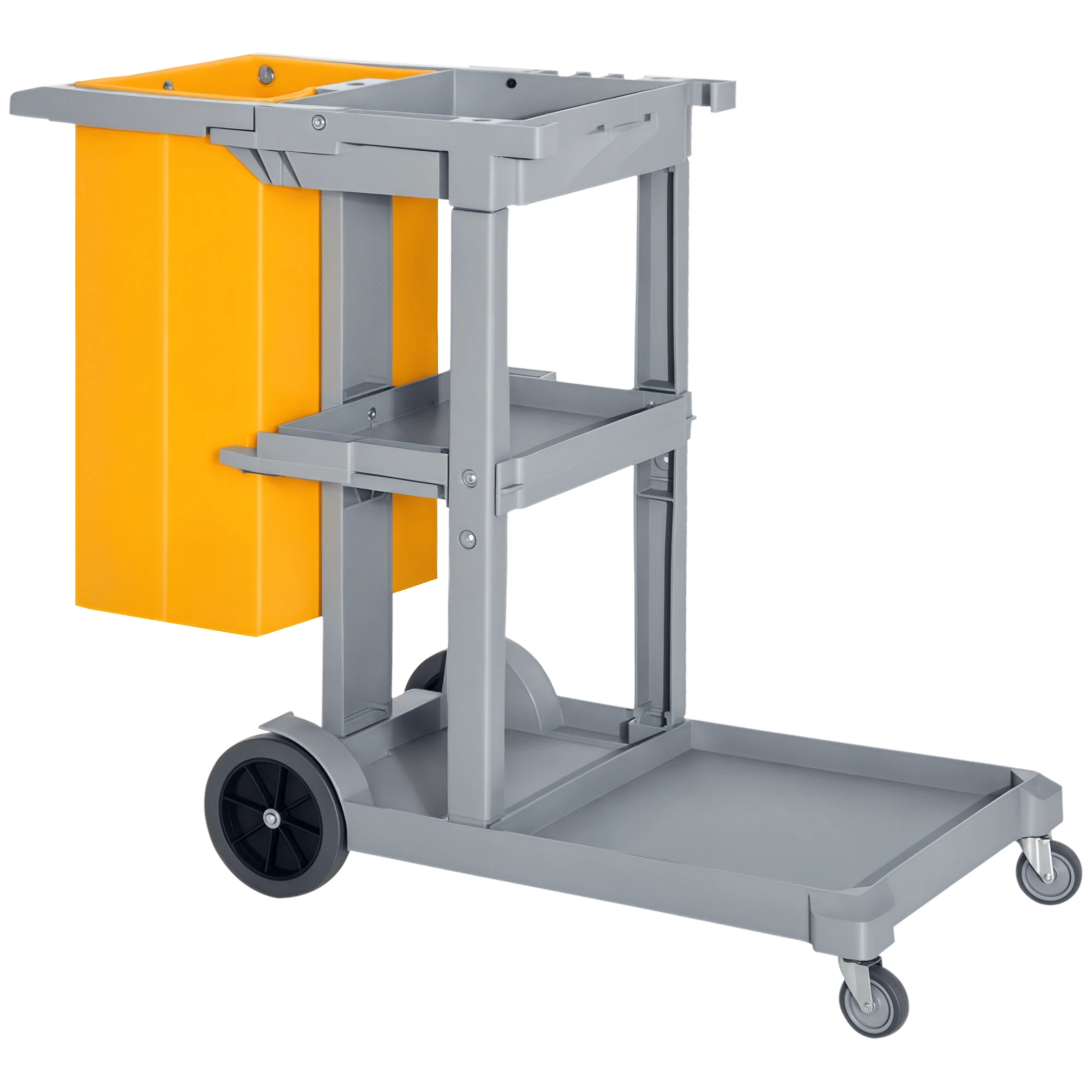 Chariot de Nettoyage avec Sac 100L Professionnel et Multifonctionnel pour Collectivités Hôtel Hostal avec 3 bandeaux et 1 Plateforme 121x50,5x96,5 cm Gris et Amarille