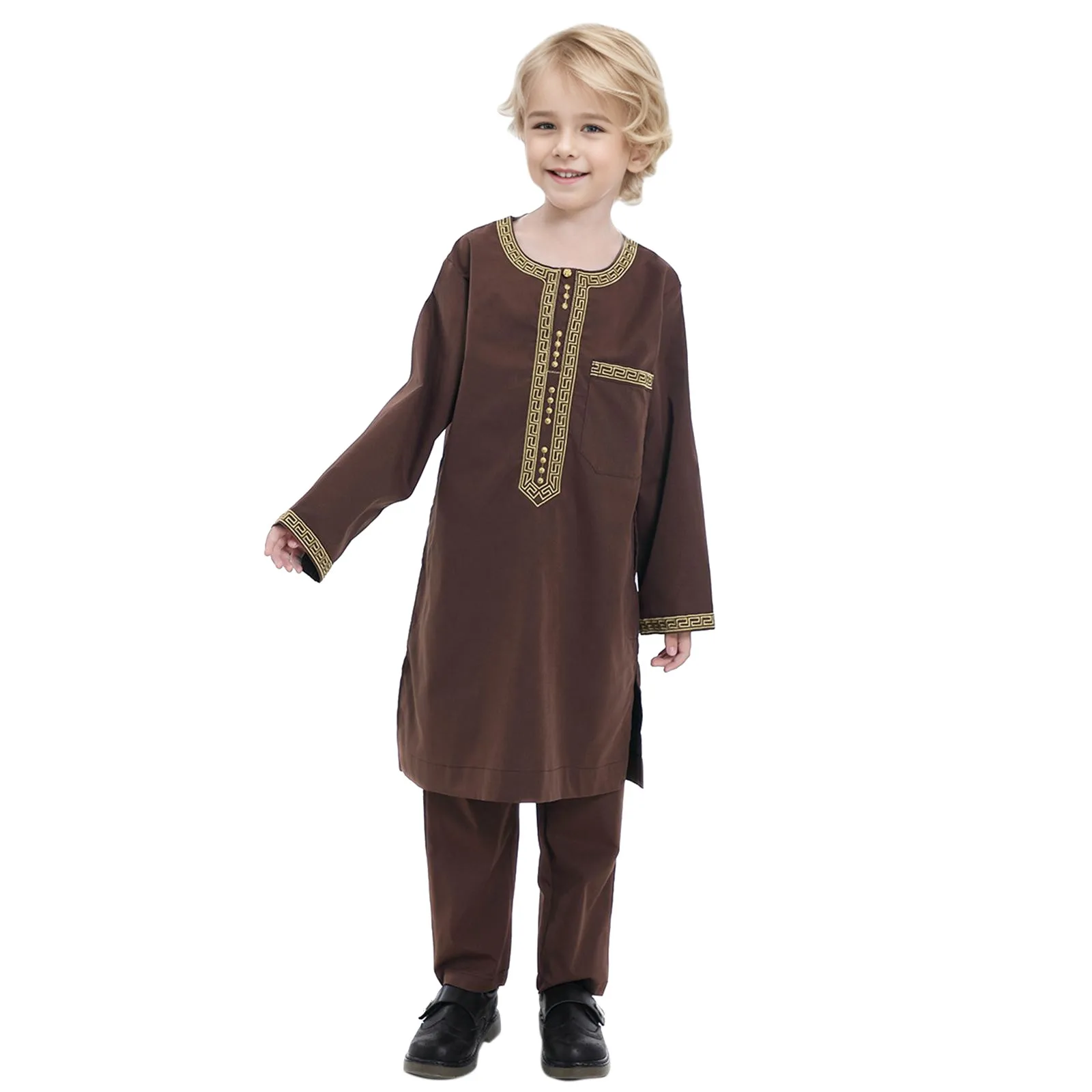 New 2024 Dubai Arab Muslim Kids Boys Clothes Sets Abaya Kaftan Robes+Pants Islamic Ramadan Clothing Arabic Child Kaftans Costume