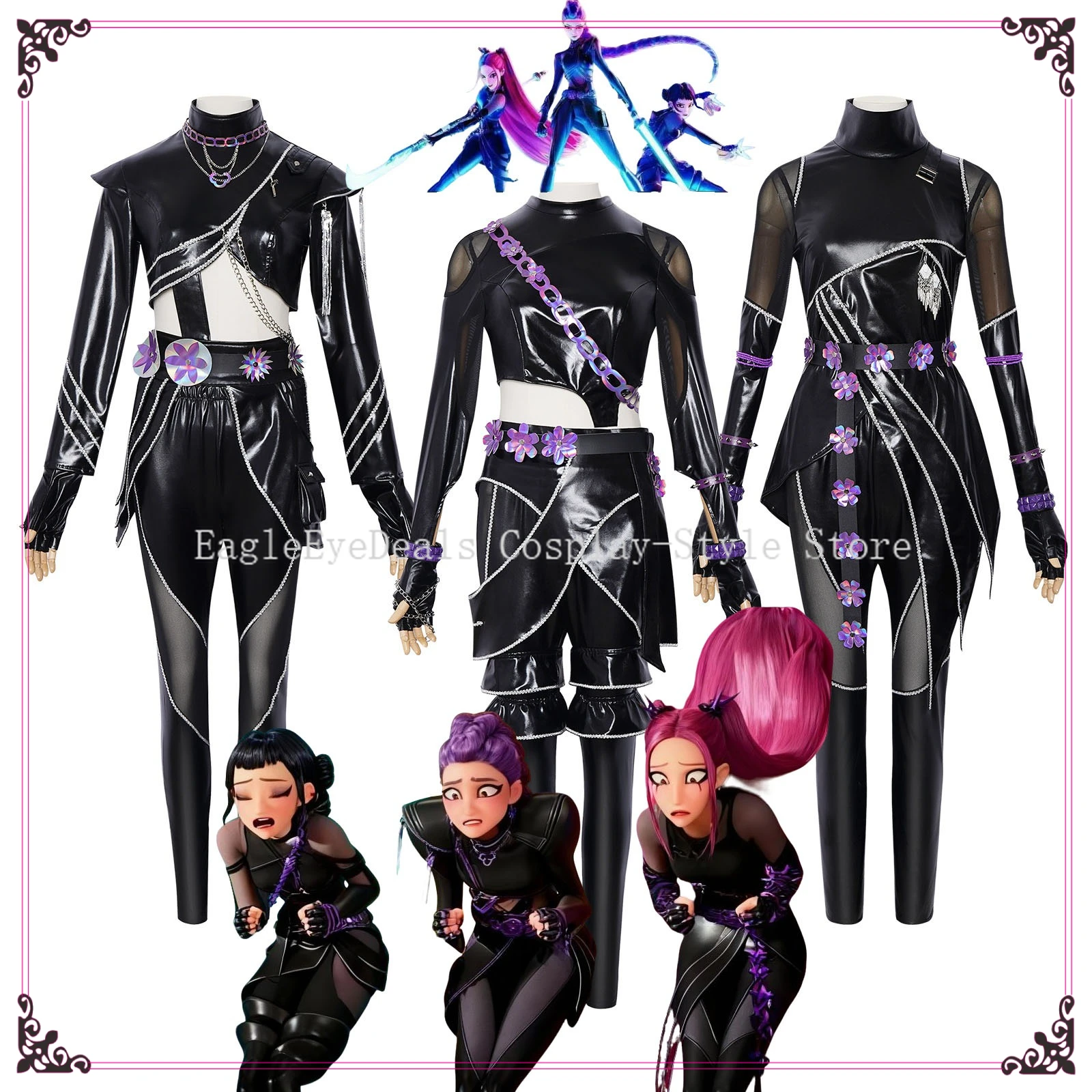 Disfraz de Kpop Demon Hunters Rumi Zoey Mira, traje de batalla de cuero negro, pantalones para adultos, mujeres y niños, guantes con cinturón para fiesta de Halloween