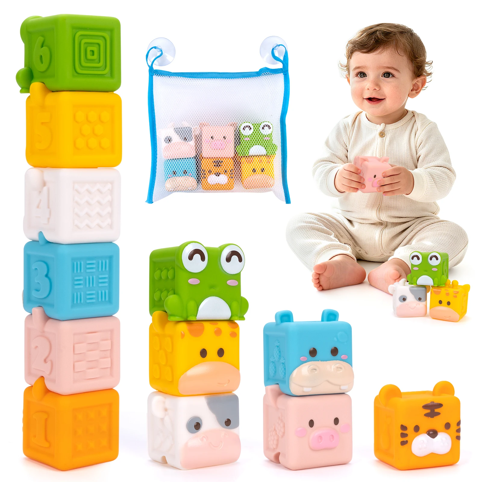 3D Cube Tier Stapeln Spielzeug Baby Weiche Silikon Bausteine Spielzeug Bad Spielzeug Kleinkind Frühe Pädagogische Sensorischen Montessori Spielzeug