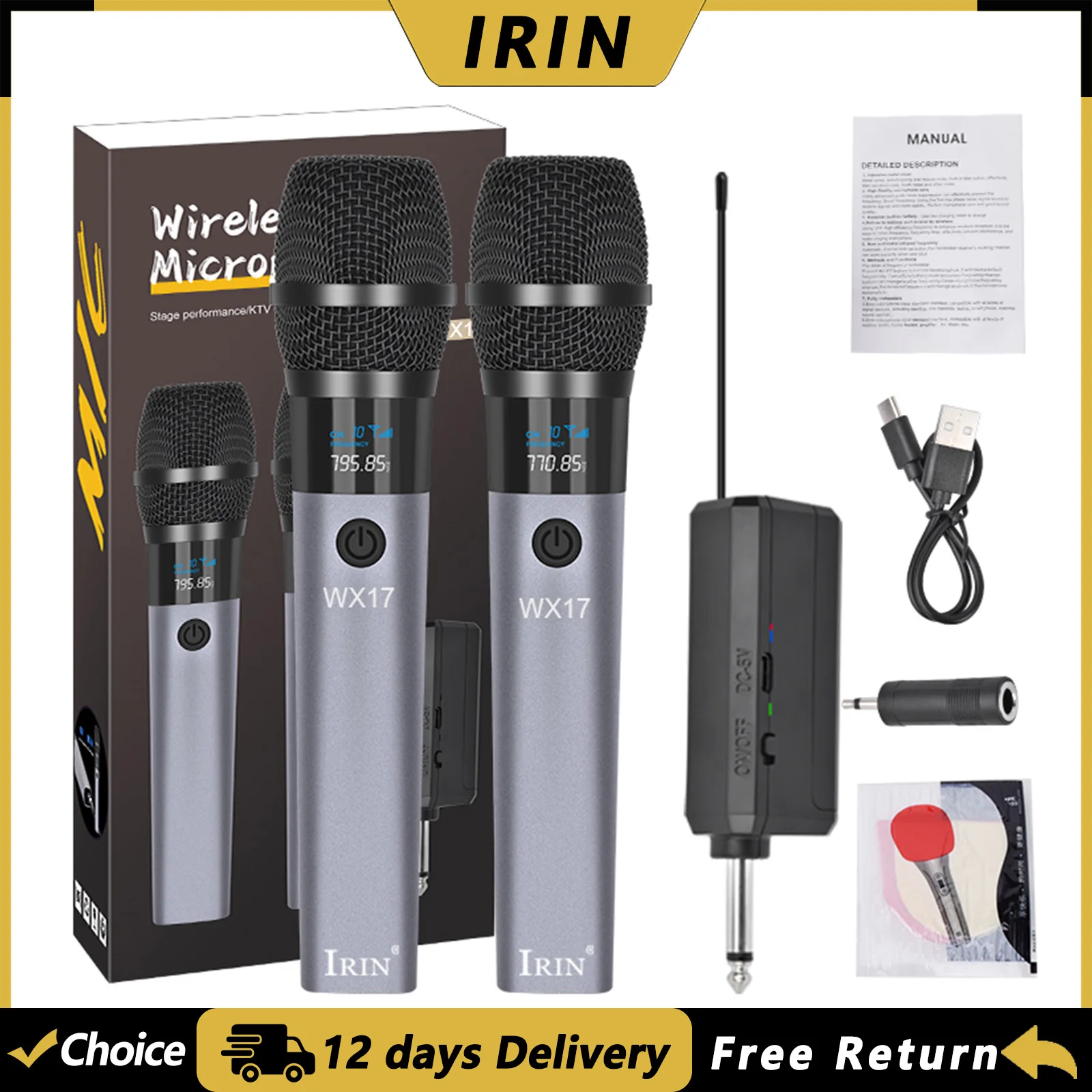 

IRIN Wireless Microphone 2 Channels UHF Professional Handheld Mic Micphone For Party Karaoke Professional Church Show Meeting