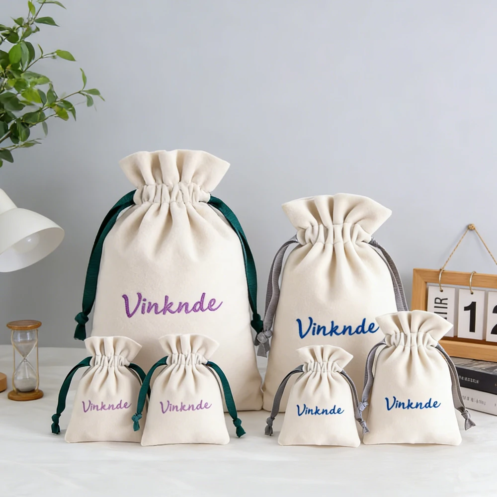 

50Pcs 8x10cm Personalized Logo Beige Velvet Jewelry Drawstring Bag With Ribbon Wedding Bridesmaid Gift Organizer Candy Earrings