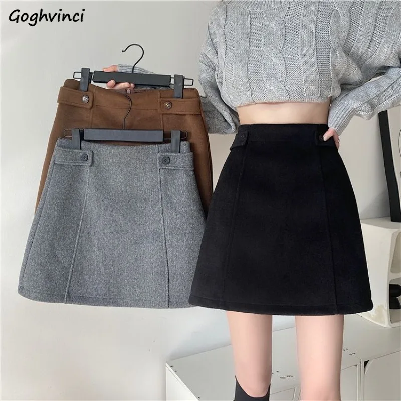 

Woolen Mini Skirts Women Pure Simple Preppy Style High Waist A-line Skirt Autumn Winter Fashion College Girls Sweet All-match