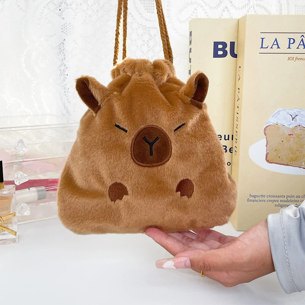 Cute Capybara Plush Drawstring Storage Pouch Large Capacity Capybara Cosmetic Pouch Cartoon  Portable Storage Bag Shopping Bag