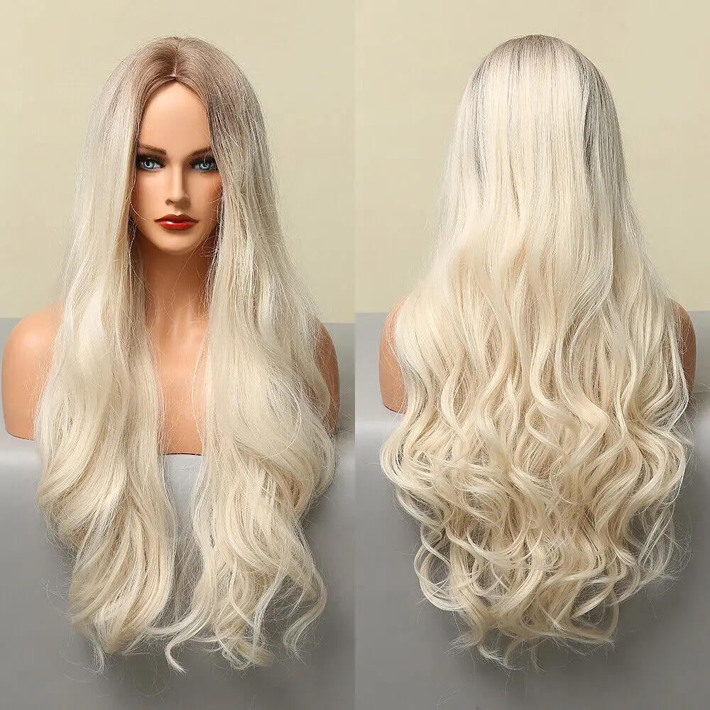 Perucas Longas Resistentes ao Calor para Mulheres, Cabelo Sintético, Branco Ombre, Loiro, 28 in