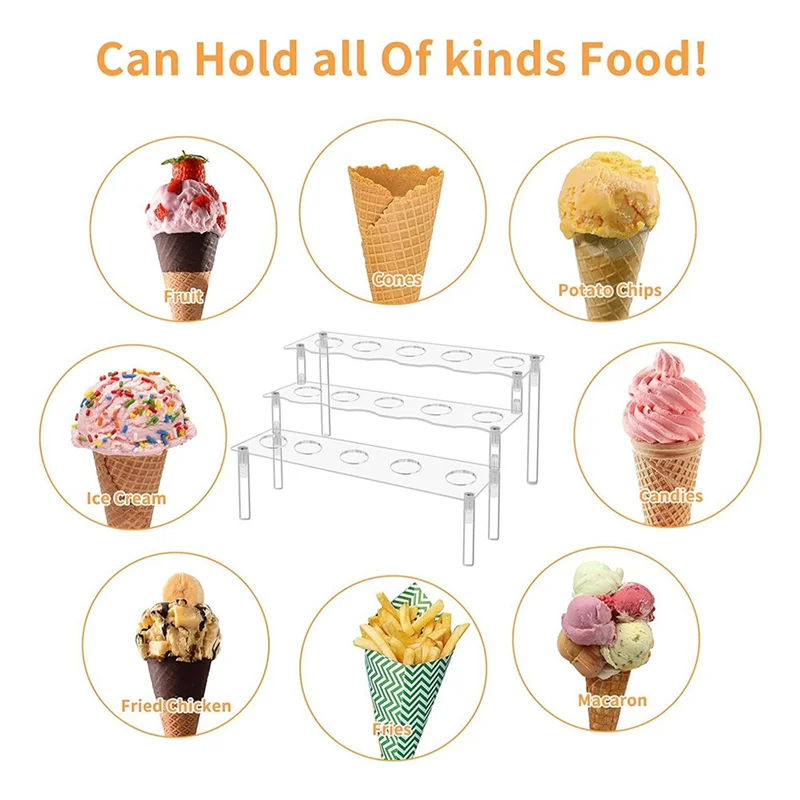 AA81-2X 15 ثقوب الآيس كريم مخروط حامل الاكريليك 3 طبقات حامل الوجبات الخفيفة عرض وجبة خفيفة الفشار ورقة المخاريط الوقوف للديكور المنزل