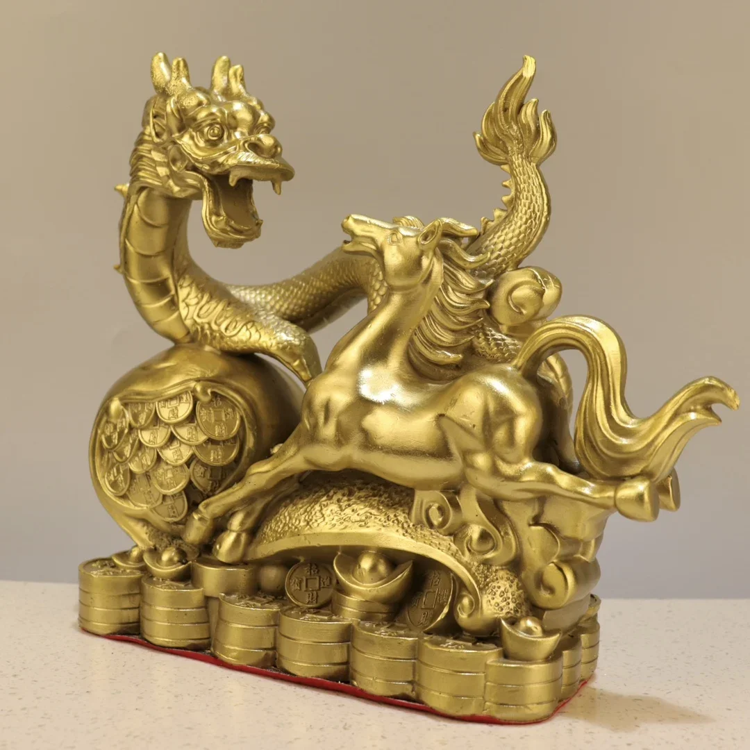 26/20/14cm bronze statue Animal auspicious dragon ornament, dragon horse spirit, money auspicious dragon, good luck leaping hors