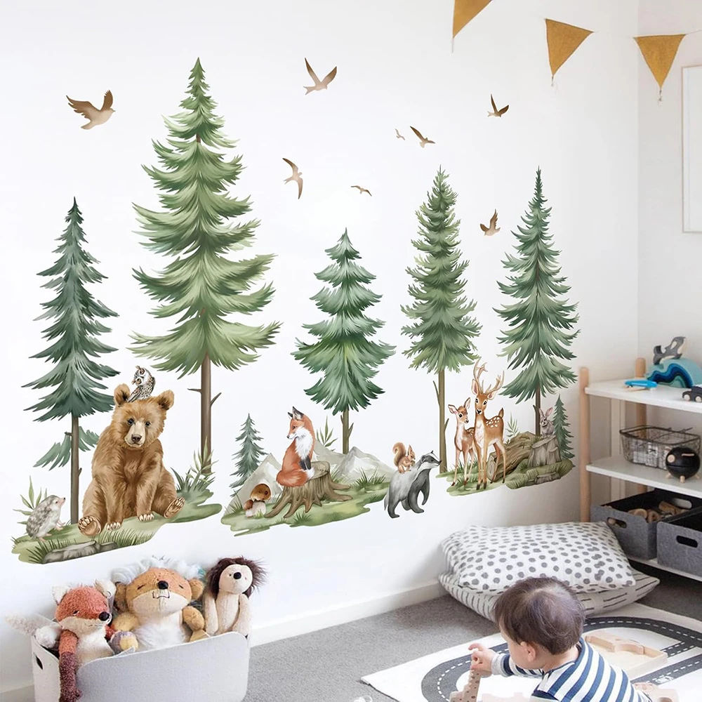 Large Mountain PineTree Wall Stickers Bedroom Jungle Forest Animals Bear Deer Woodland Wall Decals Baby Nursery Home Decor