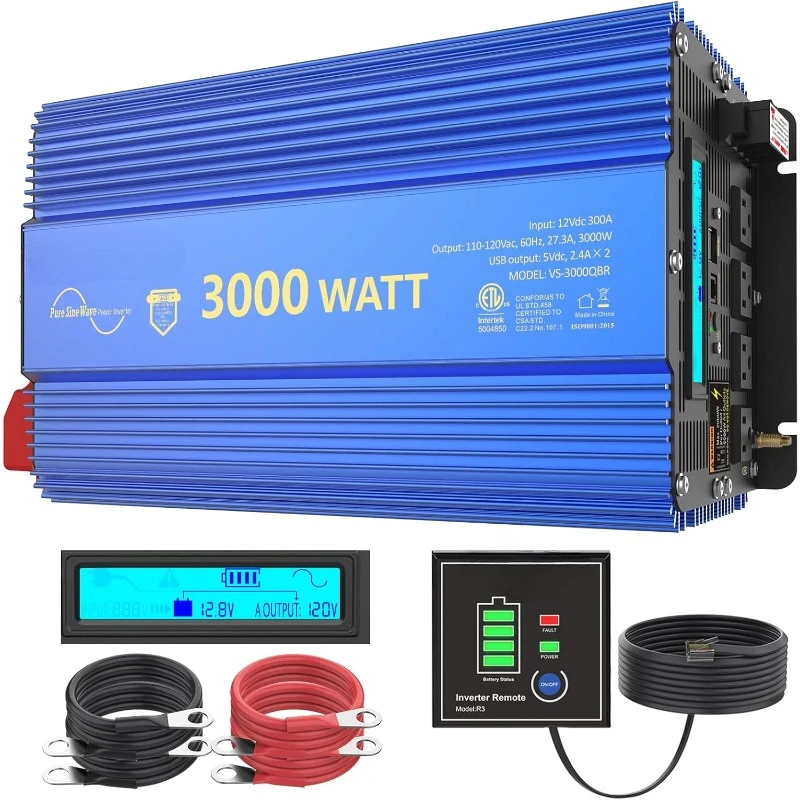 3000W Pure Sine Wave Power Inverter Truck Boat with 30FT Wired Remote，home.