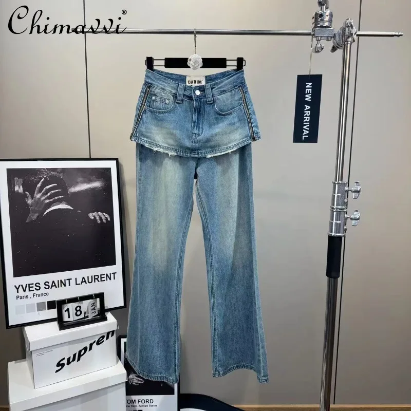 

Thin and Versatile Retro Polished White French Style Splicing Fake Two-piece Denim Skirt Pants For Women