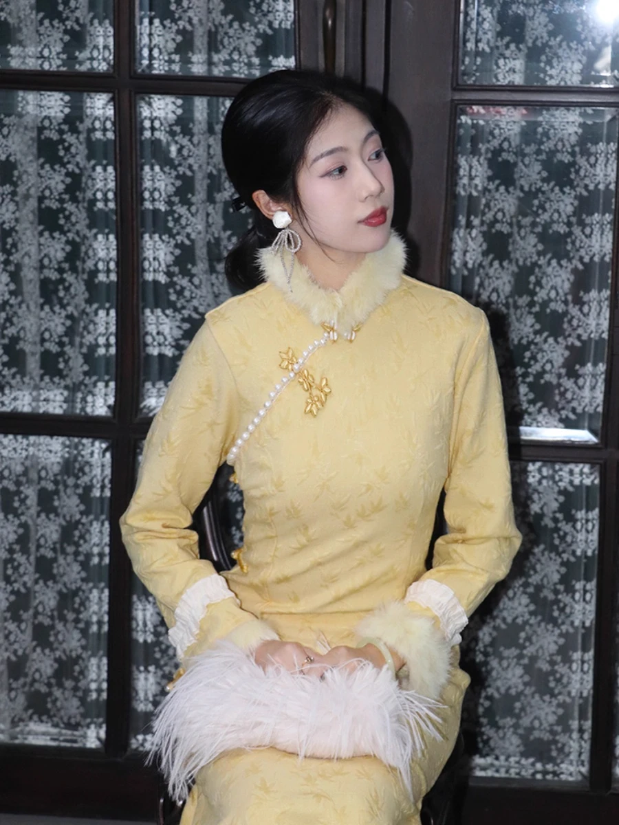 

Молодой современный желтый Thiened осень-зима Ele для девочек-подростков Long Sve средней длины, чистый цвет, теплый цвет