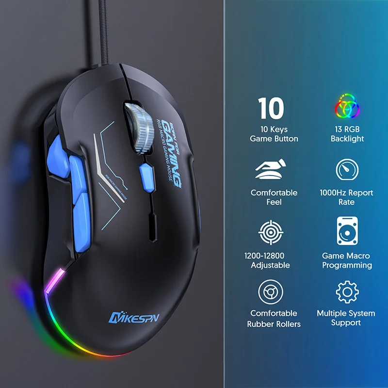 Mouse da gioco cablato ergonomico retroilluminato RGB 12800 DPI 10 pulsanti programmabili Mouse da gioco ambidestro cablato per Deaktop/laptop