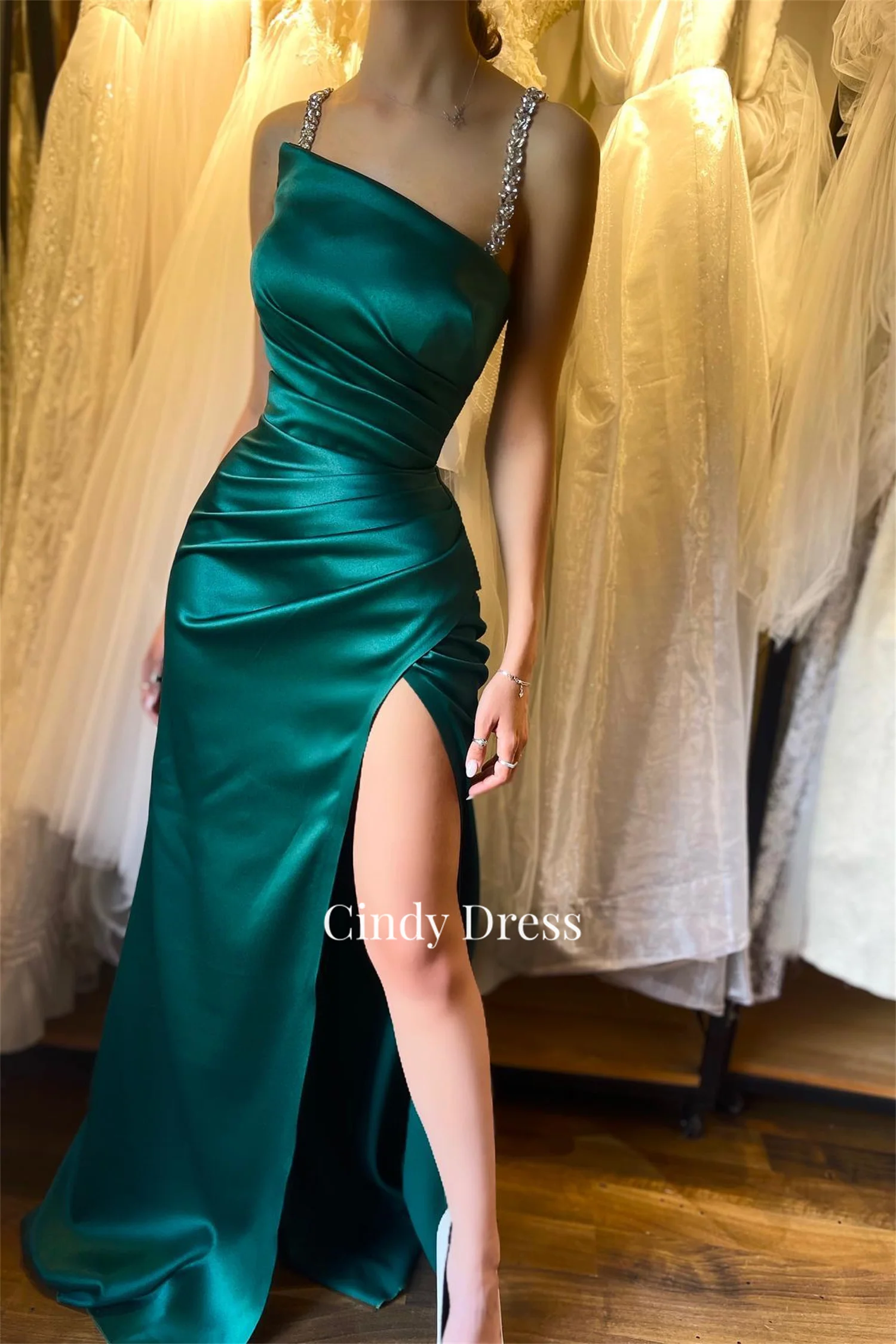 Sexy Satin Mermaid Glitter Suspenders Green Evening Dress Gala Woman Party Dresses Luxury Customized Women Elegant Gown Prom