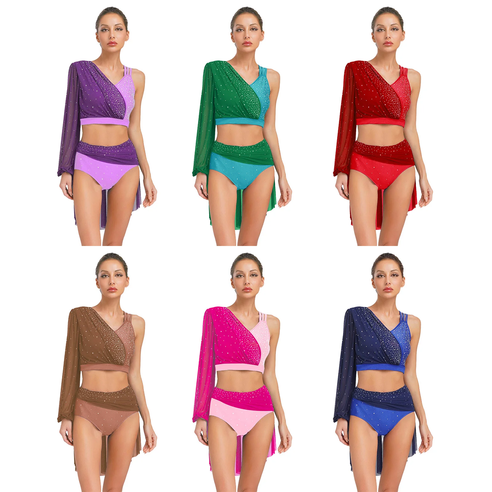 Abito da ballo jazz lirico da donna con strass, manica singola, top corto senza schienale con gonna a rete, slip, costume da competizione in 2 pezzi