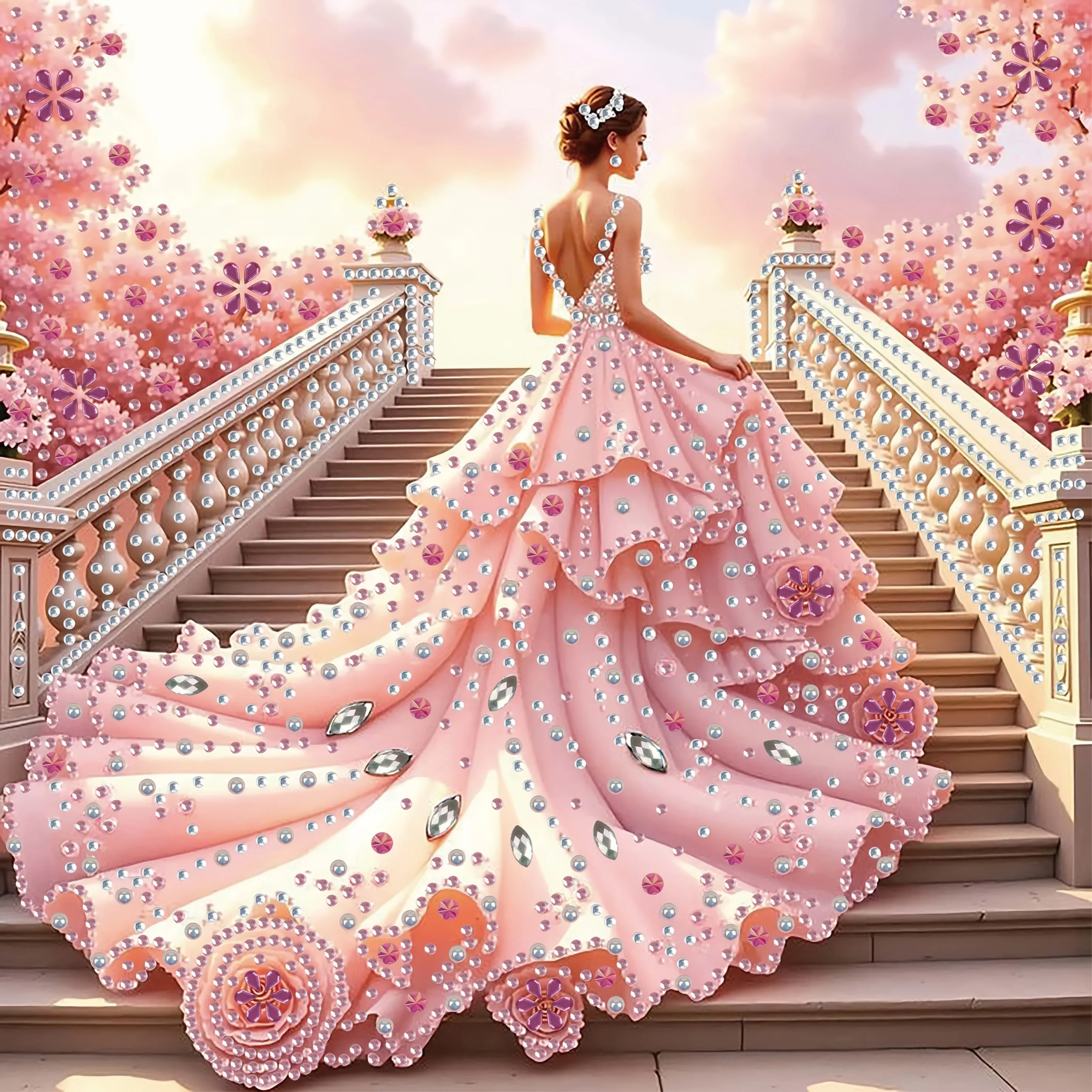 1 Set Diamond Painting Tool Kit - Pink Sakura Corridor, featuring a girl in soft lavender and light pink tones, with irregular a